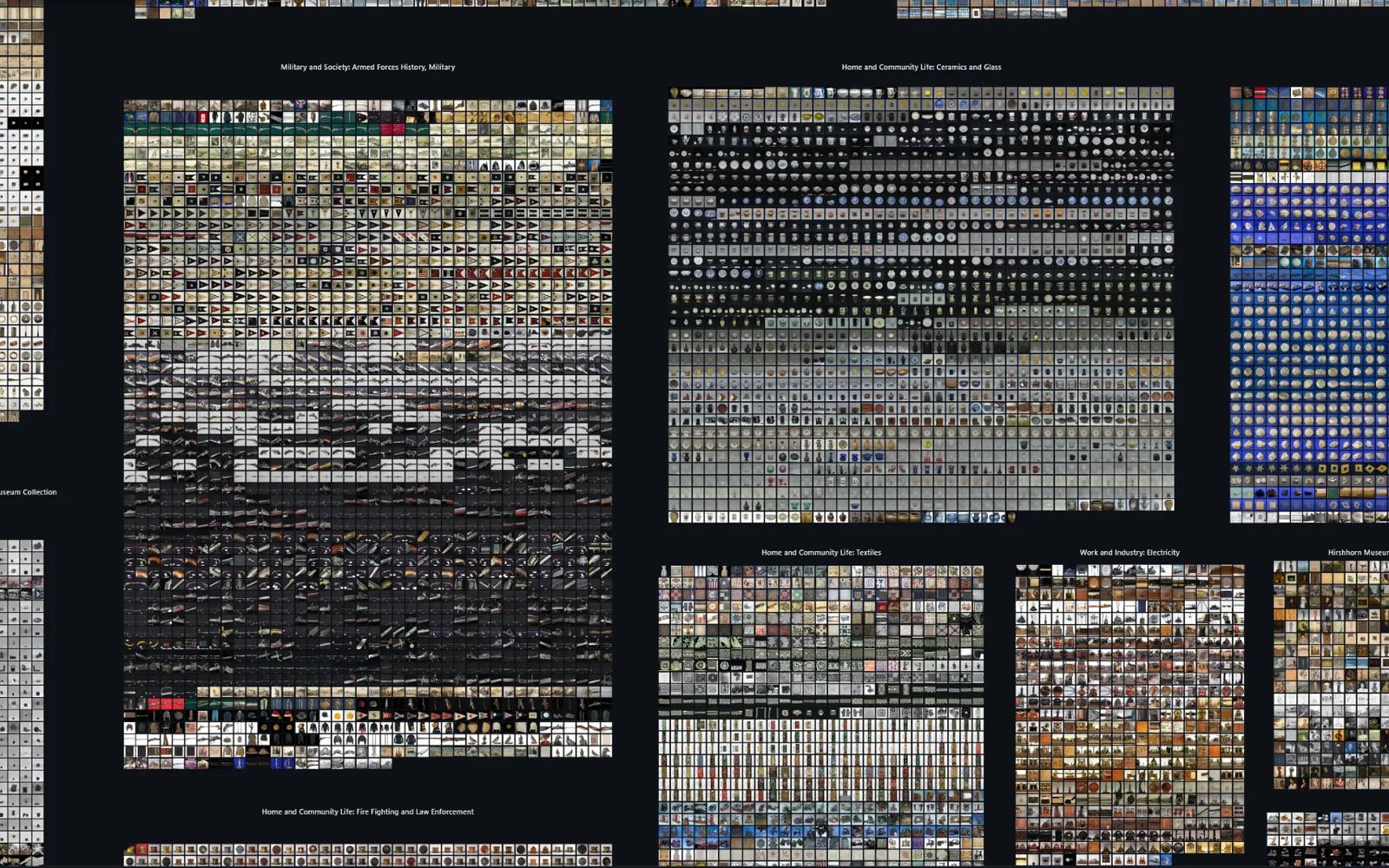 The Smithsonian Art Collection in Plotlas, arranged into labelled blocks by collection: military history, ceramics and glass, textiles, electricity and more.